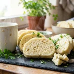 Domácí hrnečkový knedlík z mikrovlnky nakrájený na prkénku